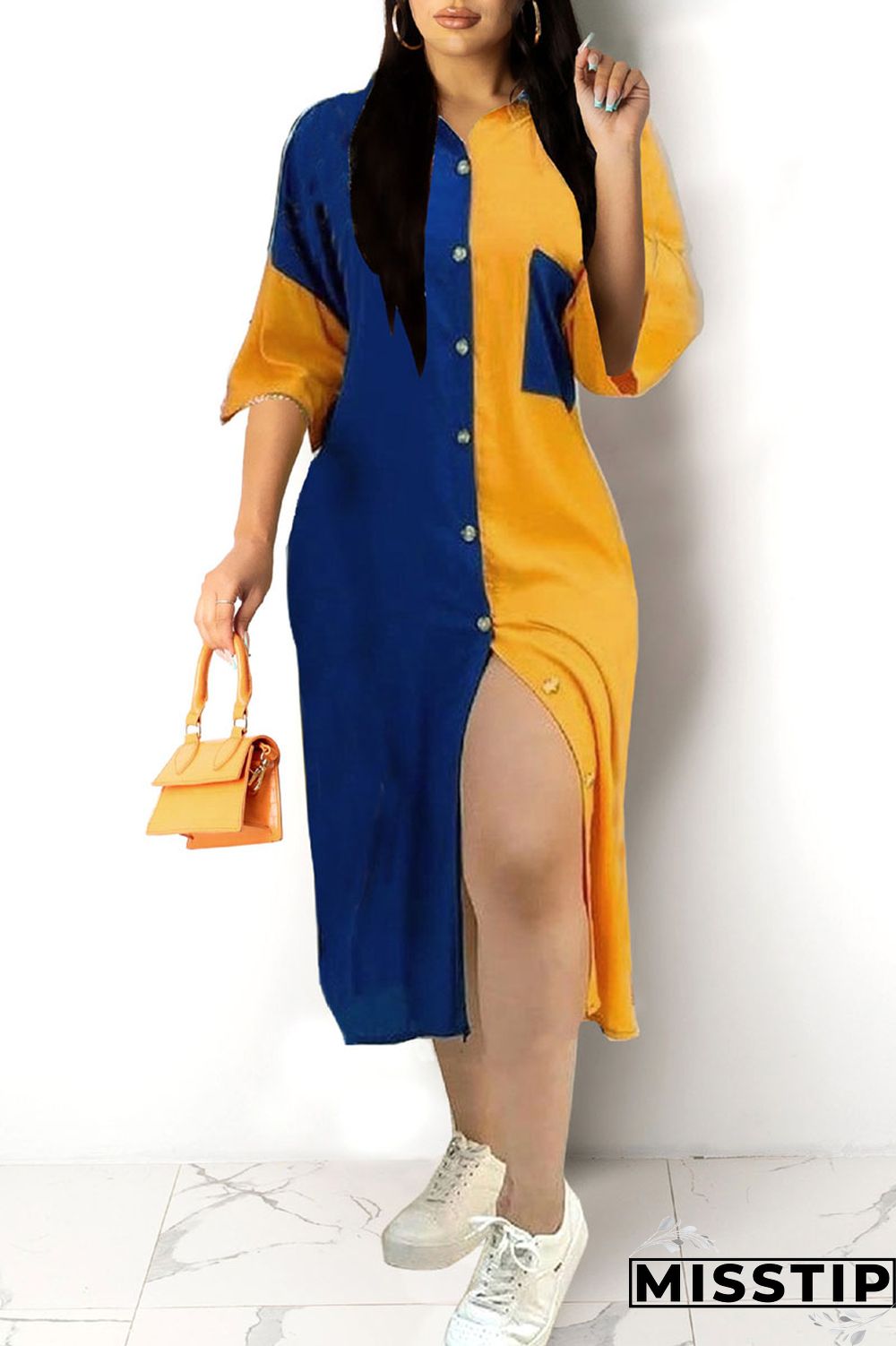Deep Blue Casual Print Patchwork Turndown Collar Tops