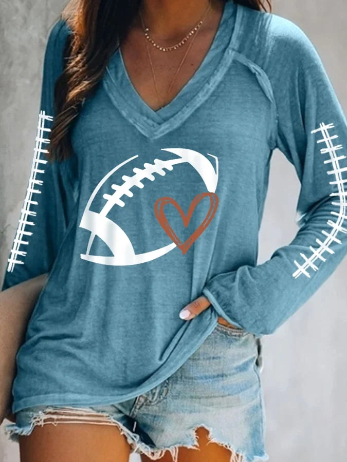 Women's Football Lover Casual V-Neck Long-Sleeve T-Shirt socialshop