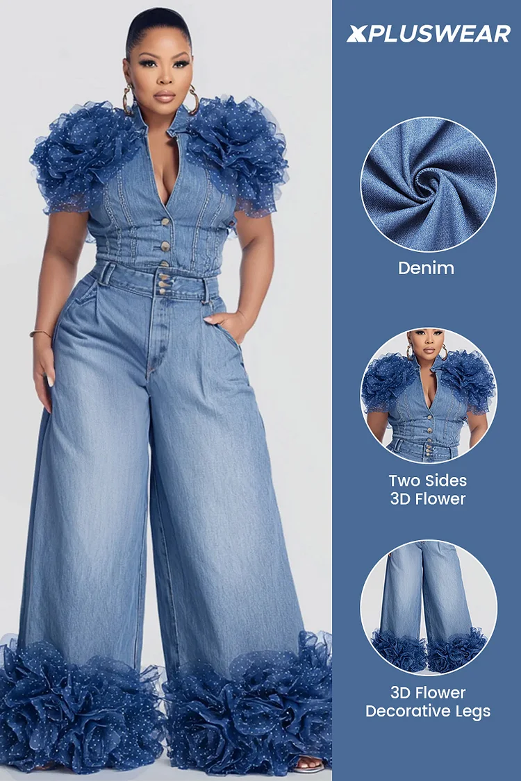 Xpluswear Design Plus Size Business Casual Blue 3D Casual Pocket Denim Two Piece Pant Sets [Pre-Order]