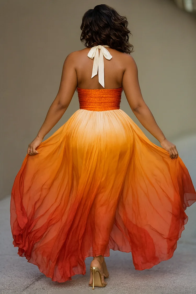 Deep V Halter Cinched Ombre Print Slit Party Maxi Dresses-Orange [Pre Order]