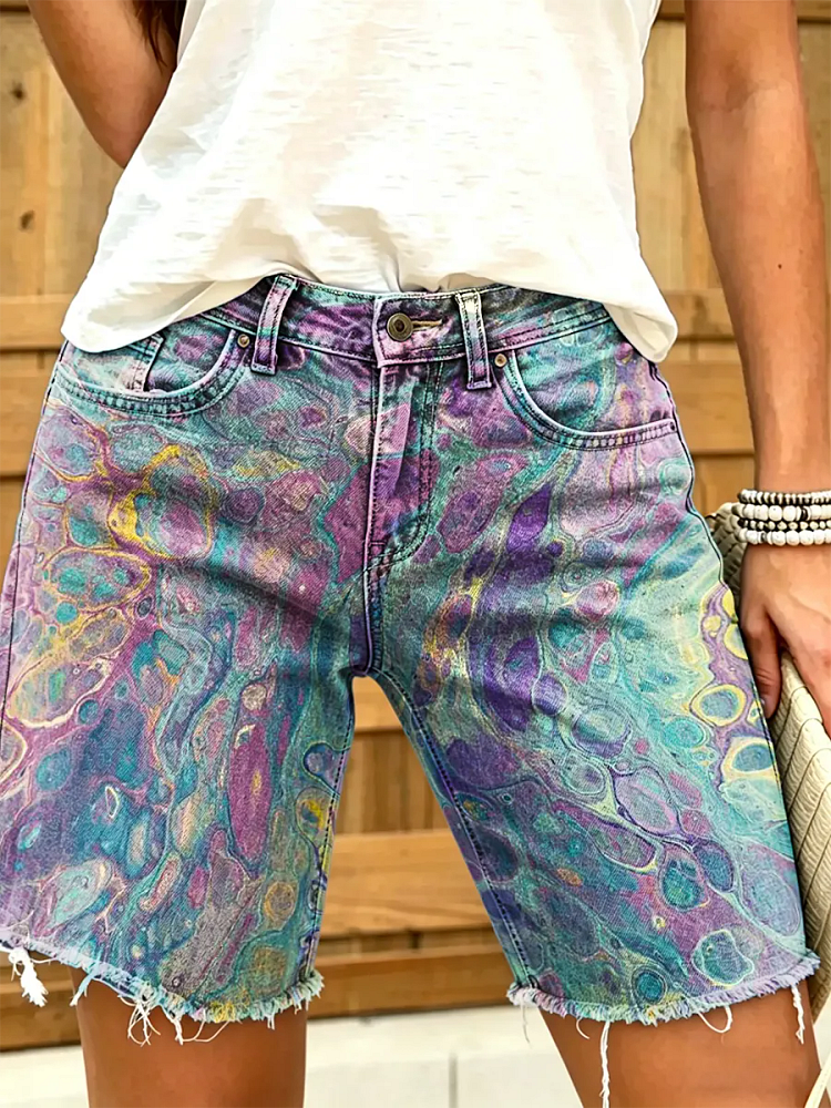 Women's Vintage-Style Geometric Pattern Art Print Fashion Denim Shorts