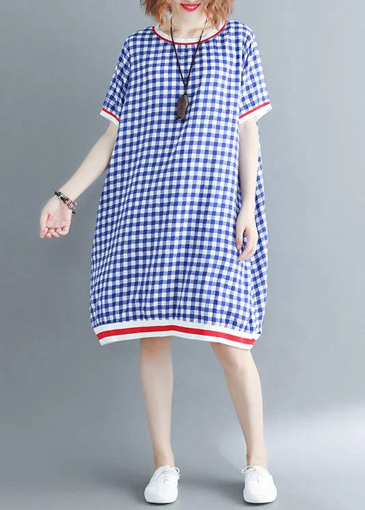 French o neck cotton outfit plus size Work Outfits blue Plaid Dress Summer