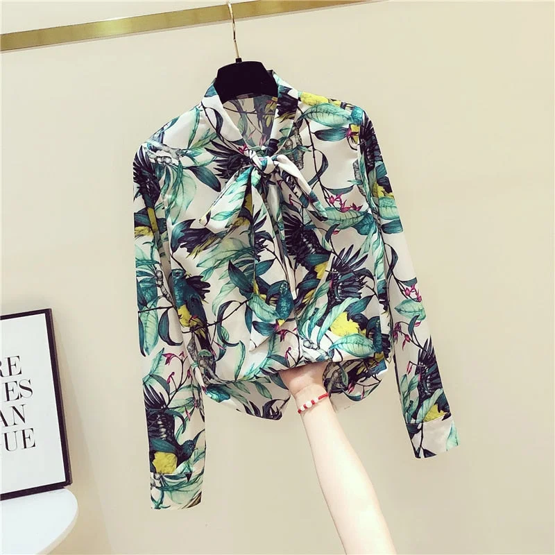 Spring Summer Women's Chiffon Shirt New Floral Retro Long-sleeved Shirt Bow Tie Bottoming Shirt Women's Tops and Blouses GD451