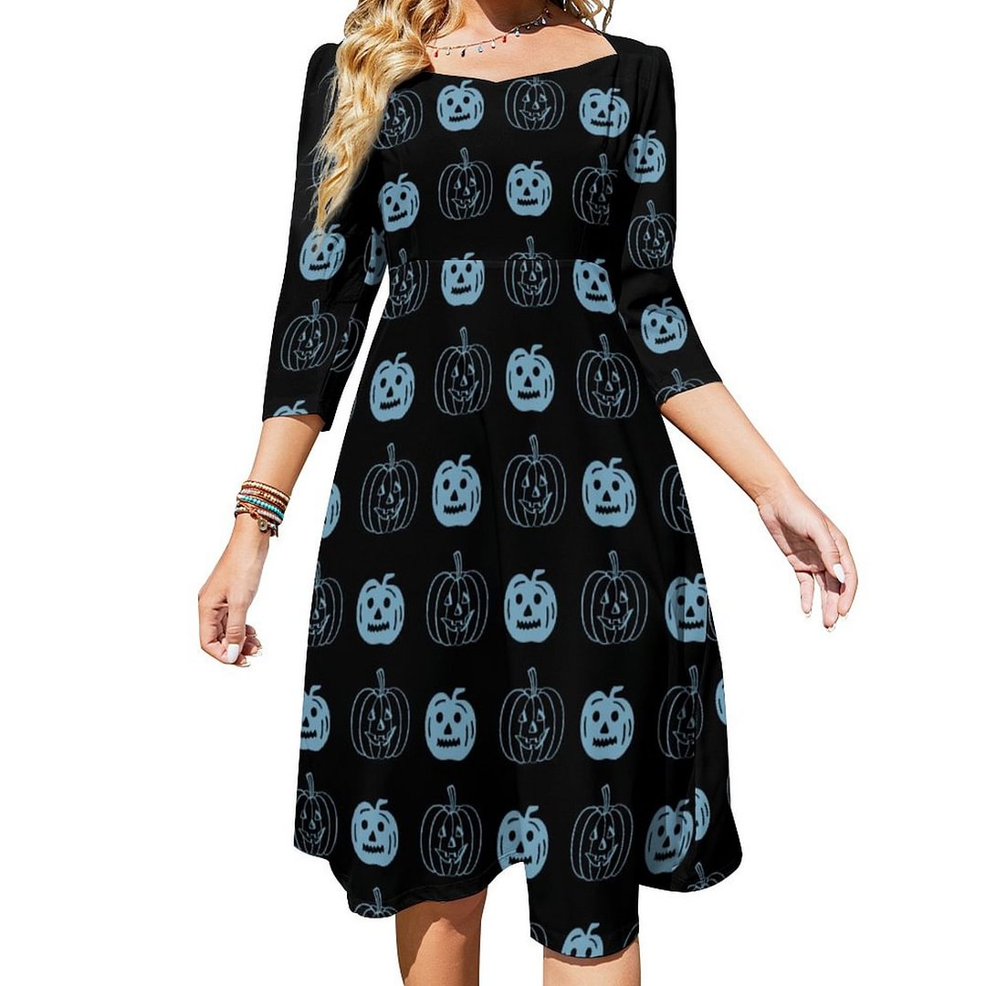 Halloween Black Blue Pumpkin Pattern Costume Dress Sweetheart Tie Back Flared 3/4 Sleeve Midi Dresses
