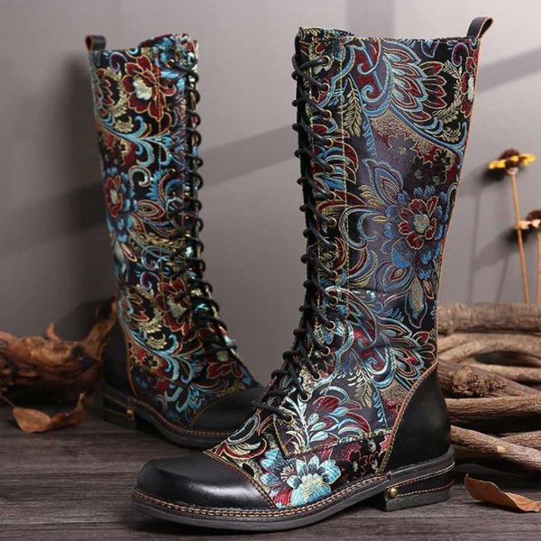 Ethnic Fashiom Women Retro Knee High Boots Vintage Leather Boots National Style Bandage Cross Strap Long Boots Flat Heel Embroidery Boots - Shop Trendy Women's Clothing | LoverChic