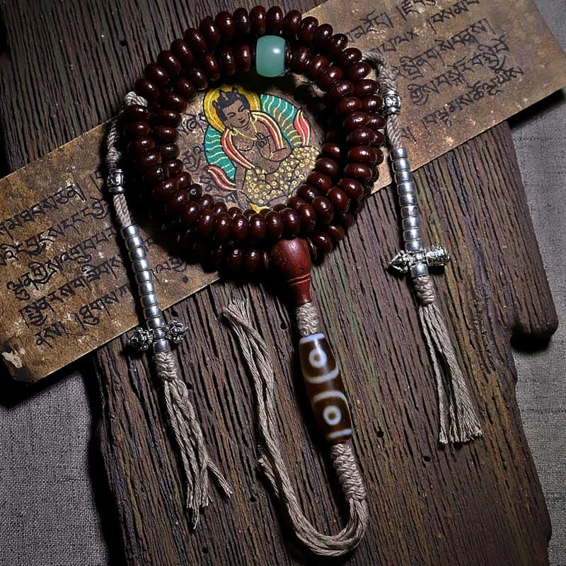Natural Tibet 108 Mala Beads Purple Bodhi Seed Three-eyed Dzi Bead Copper Dorje Harmony Bracelet