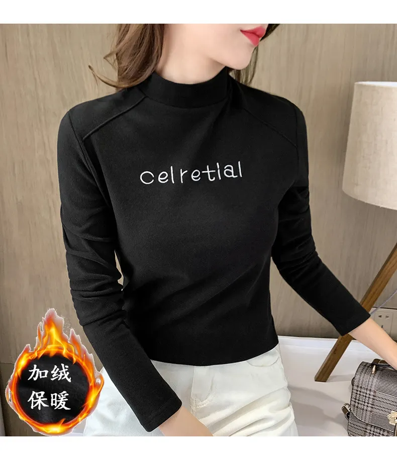Brownm Brownm Velvet Warm Half High Collar Bottom Shirt Female Autumn And Winter Inside The Versatile 2023 New Long-Sleeved T-Shirt Female Jacket Foreign Style