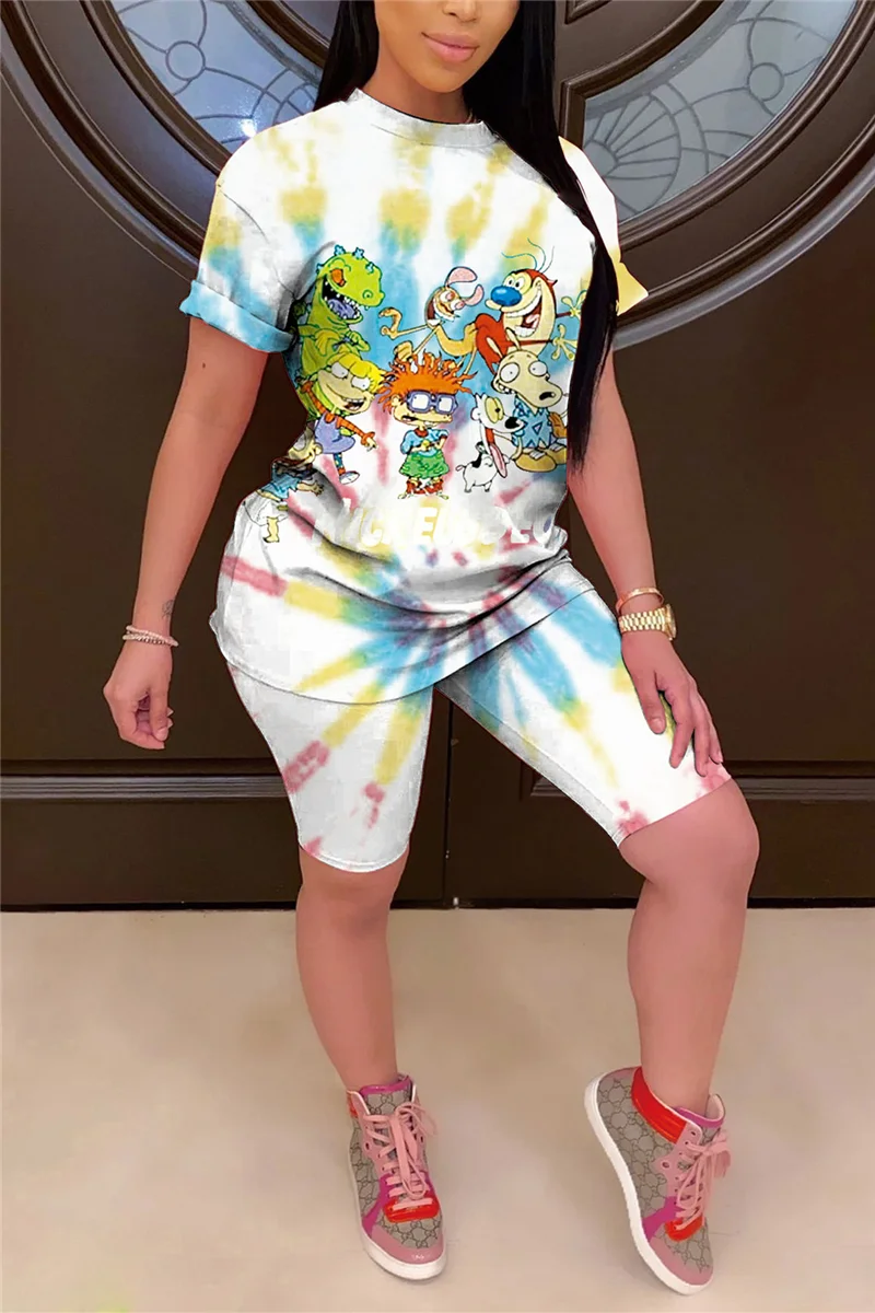 White Casual Print Split Joint O Neck Short Sleeve Two Pieces