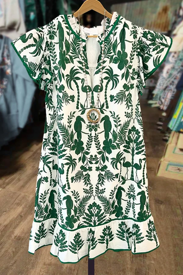 Tropical Print Flutter Sleeve Mini Dress