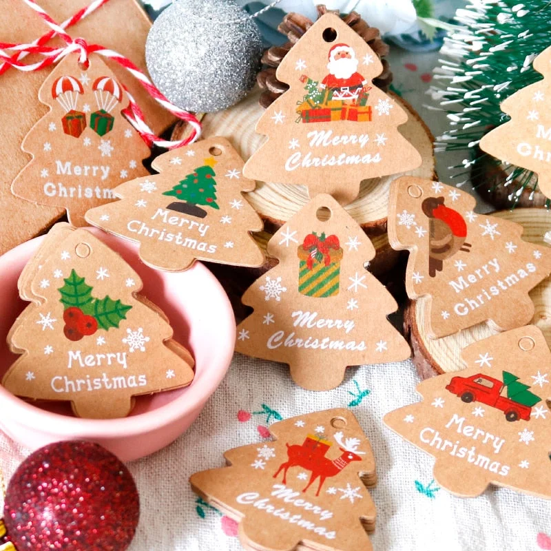 Christmas Gift 48sets Merry Christmas Gift Tags Santa Claus Snowman Xmas Tree Shape DIY Hang Tags with Rope New Year Party Gift Wrapping Labels