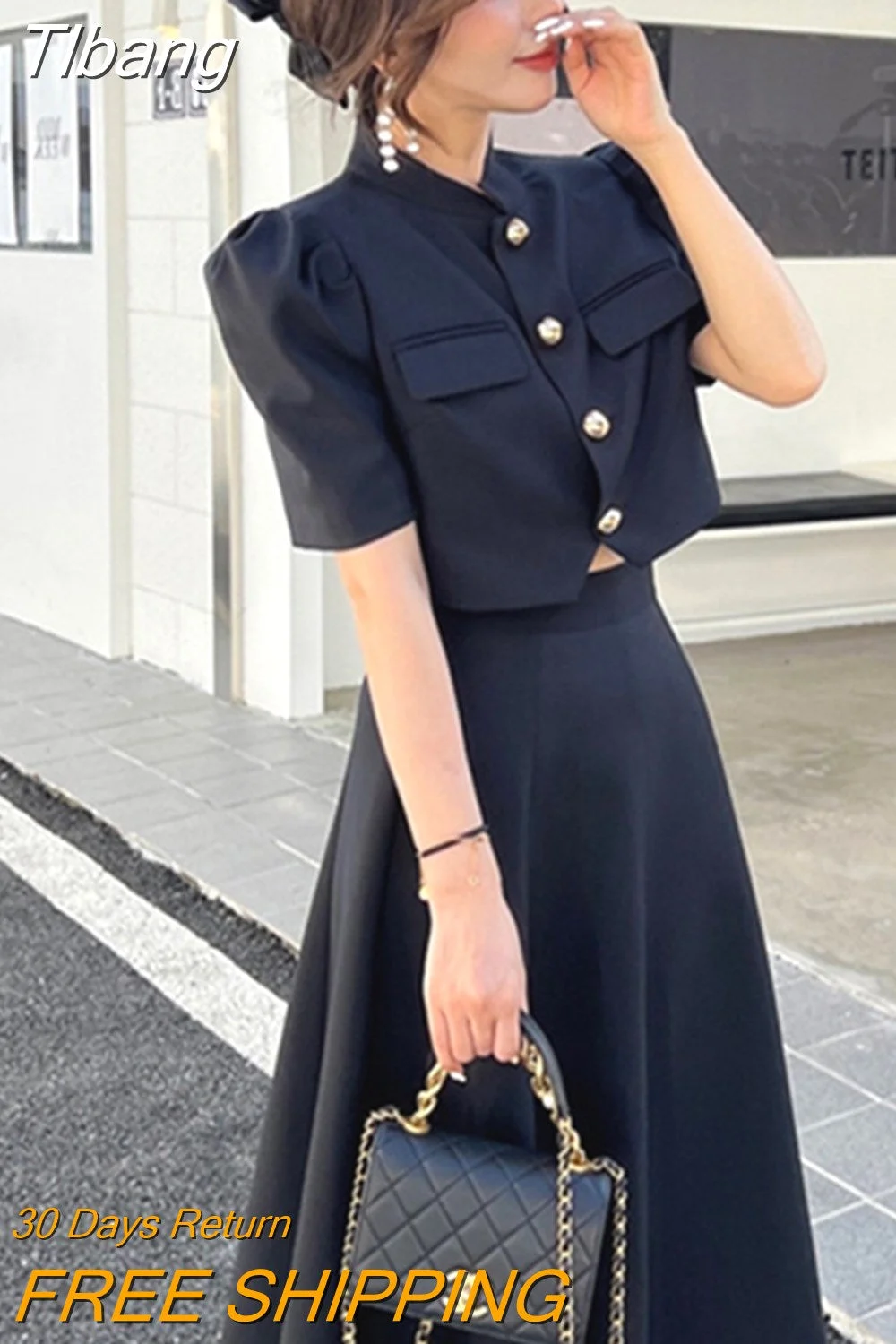 Tlbang Korean Sweet Elegant 2 Piece Set Spring Summer Office Lady Skirt Suits Ruffles Polo Collar Knee-length Dresses for Women