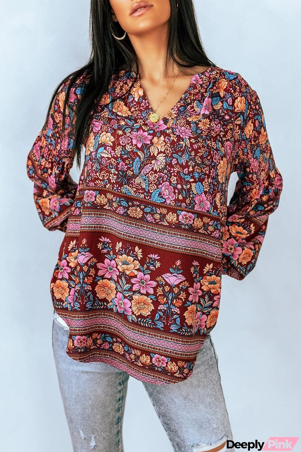 Bohemian Balloon Sleeve Notched Neck Blouse