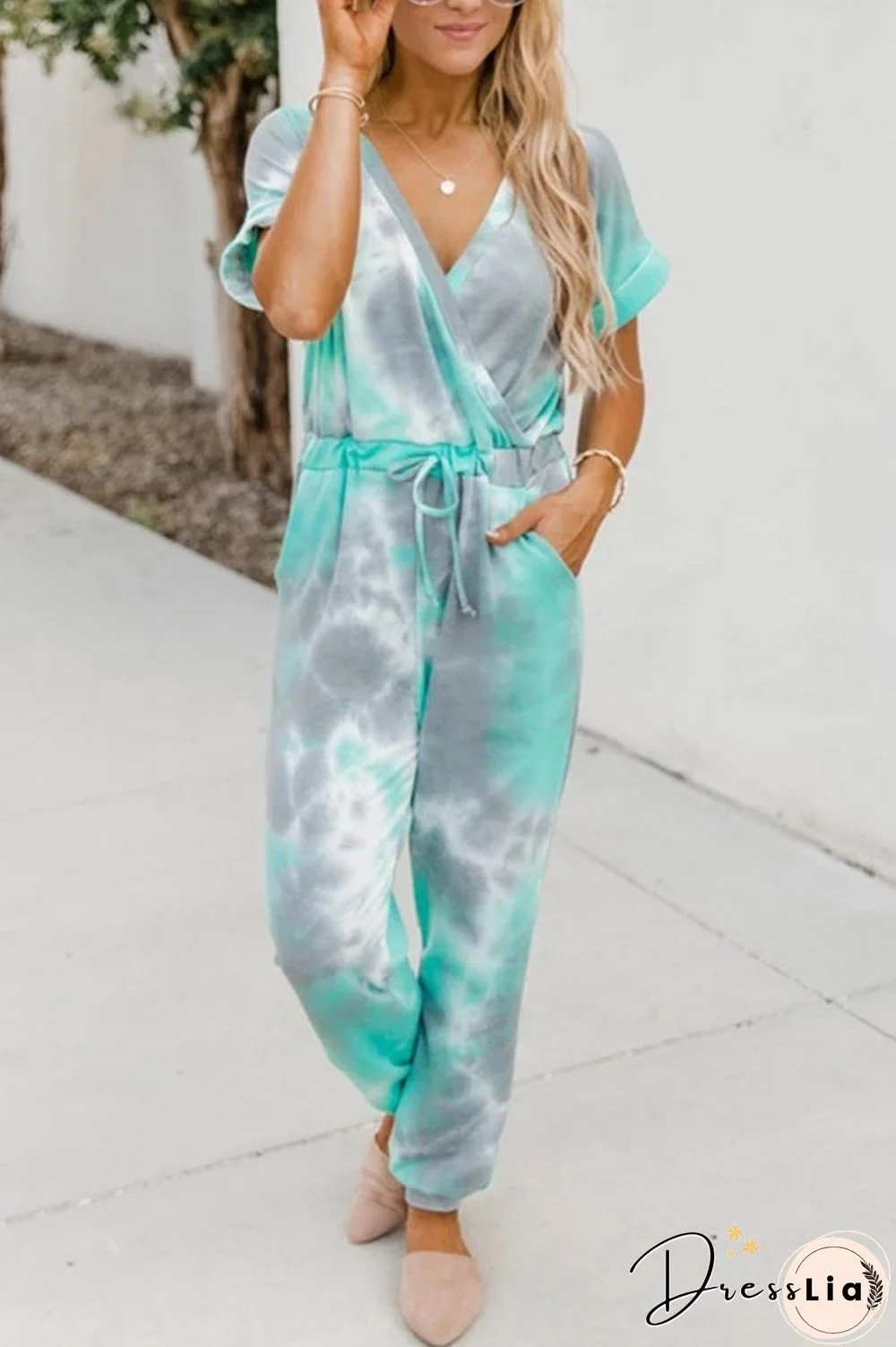 Tie-Dyed V-Neck Short Sleeve Jumpsuit