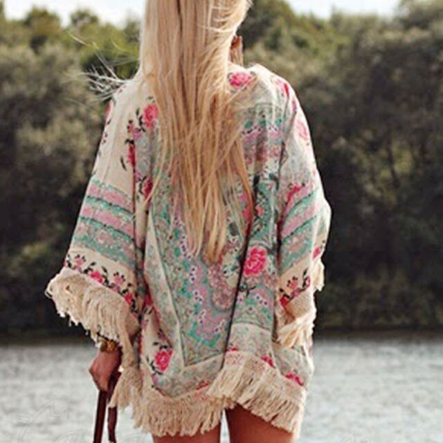 Hirigin Fashion Floral Chiffon Women Cardigan Lace Flower Print Tassel Cover-Ups Shirt Women Loose Cover for Beach Travel Lanfubeisi