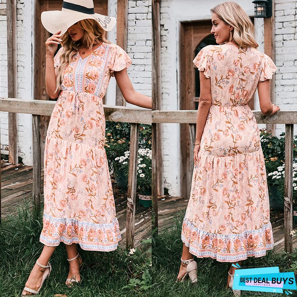 Dress High Waist Short Sleeve V-Neck Long Floral Dress