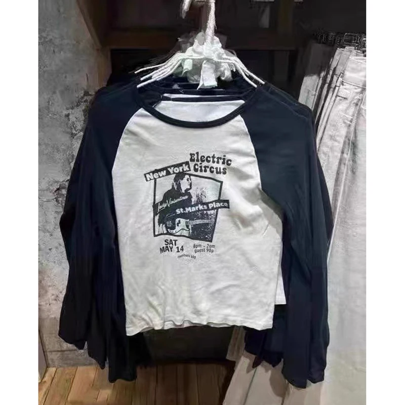 Gamistine school outfits Vintage Rock Graphic Slim T-shirts Women 2025 Autumn Black Patchwork Long Sleeve Cotton T Shirt Retro Classic Print Y2k Tops
