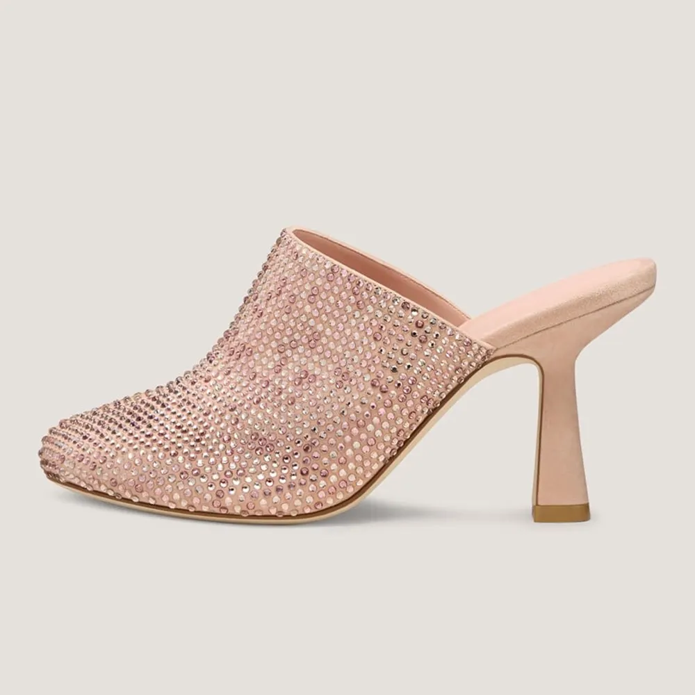Pink Vegan Suede Rhinestone Round Toe Flared Heeled Mules