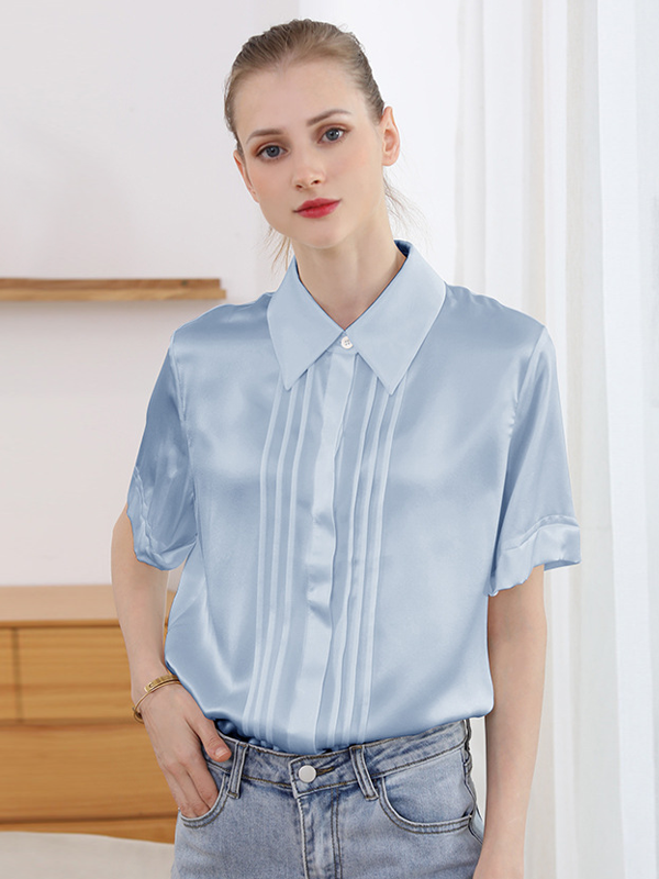 Polo Collar Pleated Design Silk Shirt