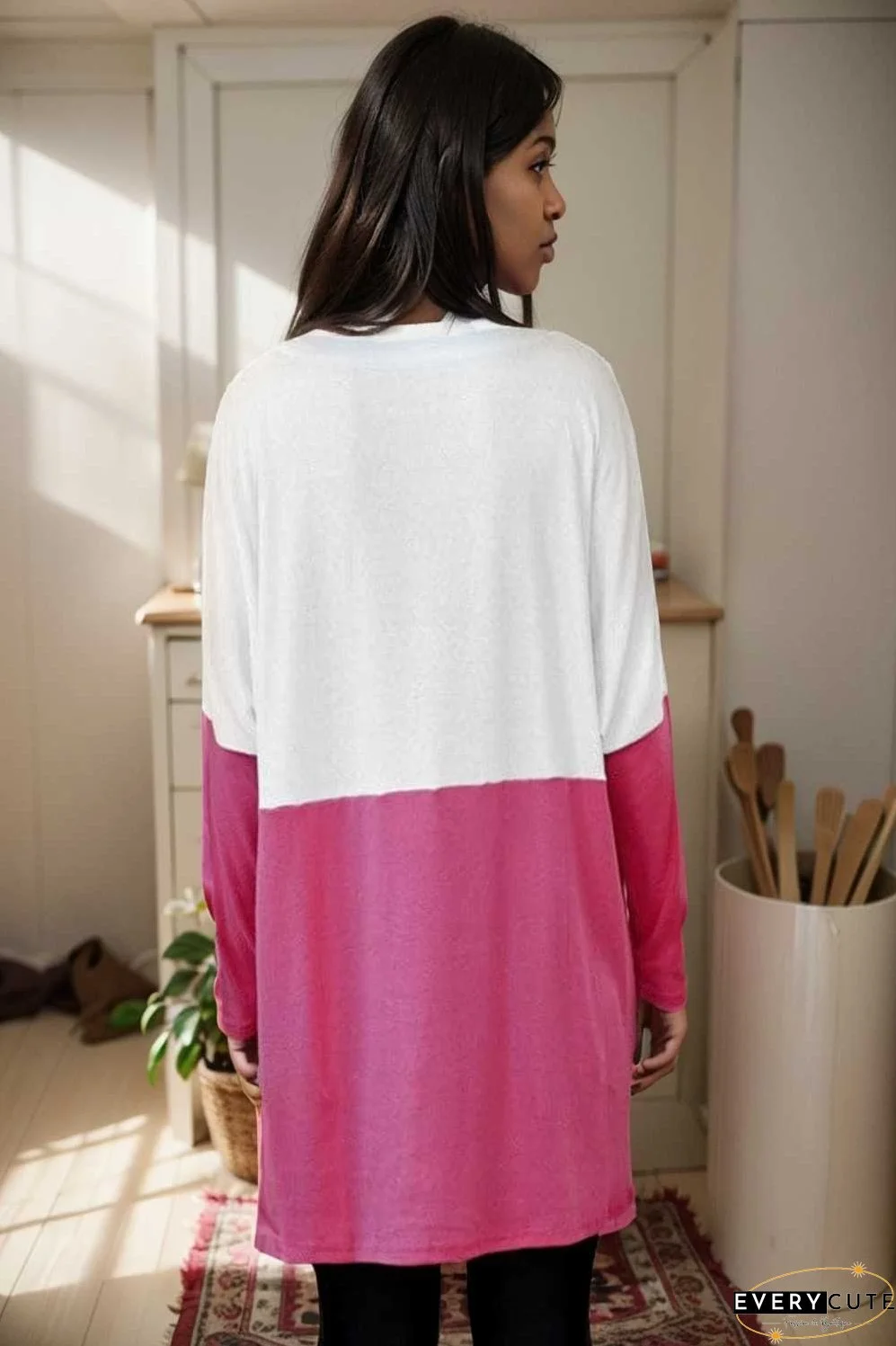 two color stitching pocket loose long sleeve t shirt
