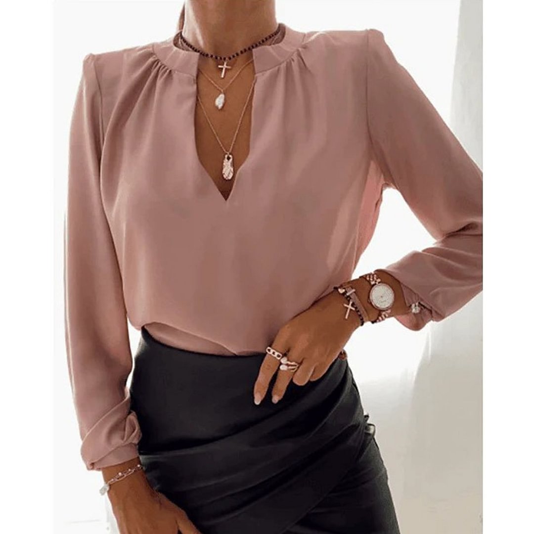 Good for Summer Solid Long Sleeve Plunge Casual Blouse