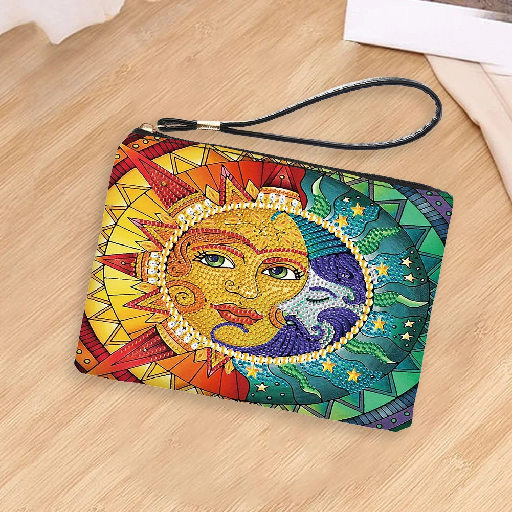 DIY Sun Moon PU Partial Special Shaped Diamond Painting Wallet Makeup Bag