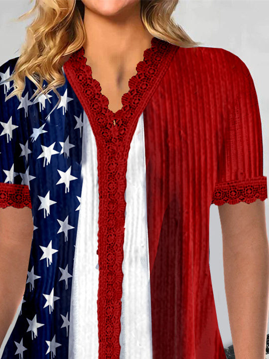 Women Short Sleeve V-neck National Flag Printed Printed Graphic Lace Tops