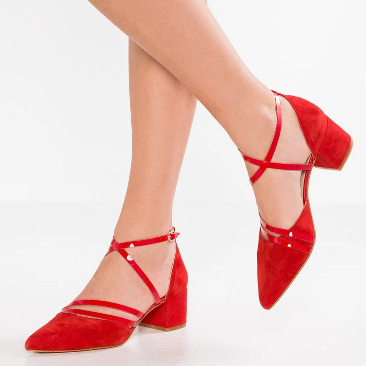 Women's Red Cross Over Chunky Heels Pointy Toe Vintage Shoes |FSJ Shoes