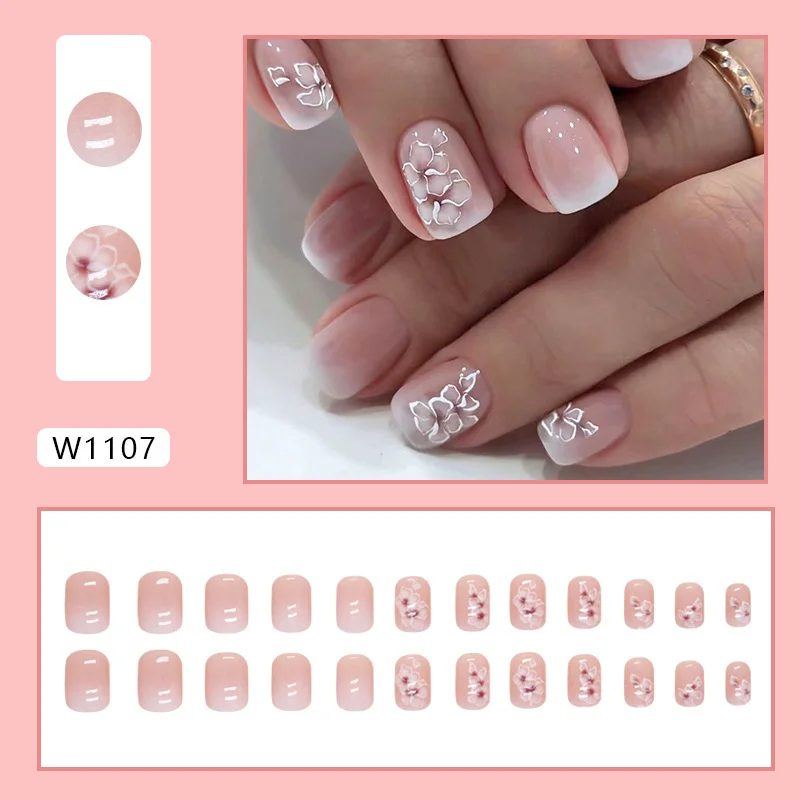 Churchf Square White Flowers Gentle Gradient Fairy Fashion Versatile Show White Fake Nail Finished Wear Armor