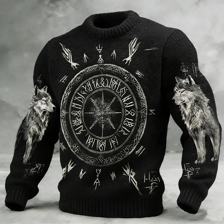 Men's Retro Viking Wolf With Celtic Vegvisir Art Graphic Pattern Knit Sweater