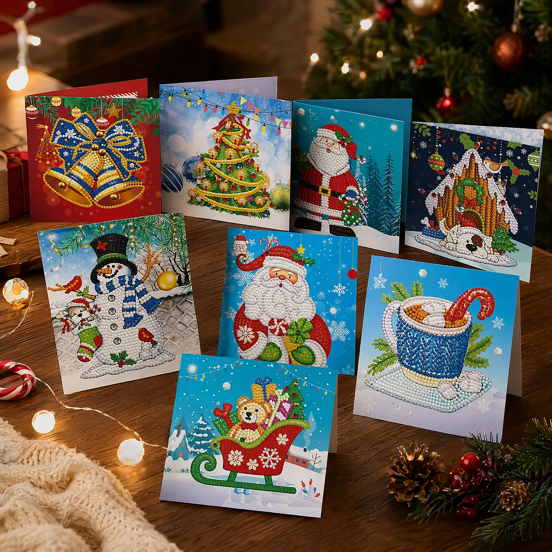 8PCS Christmas Tree DIY Diamond Painting Greeting Card Kits with Envelopes Diamond Art Greeting Cards Diamond Art Cards Kits for Adults DIY Crafts Family Friend Gifts