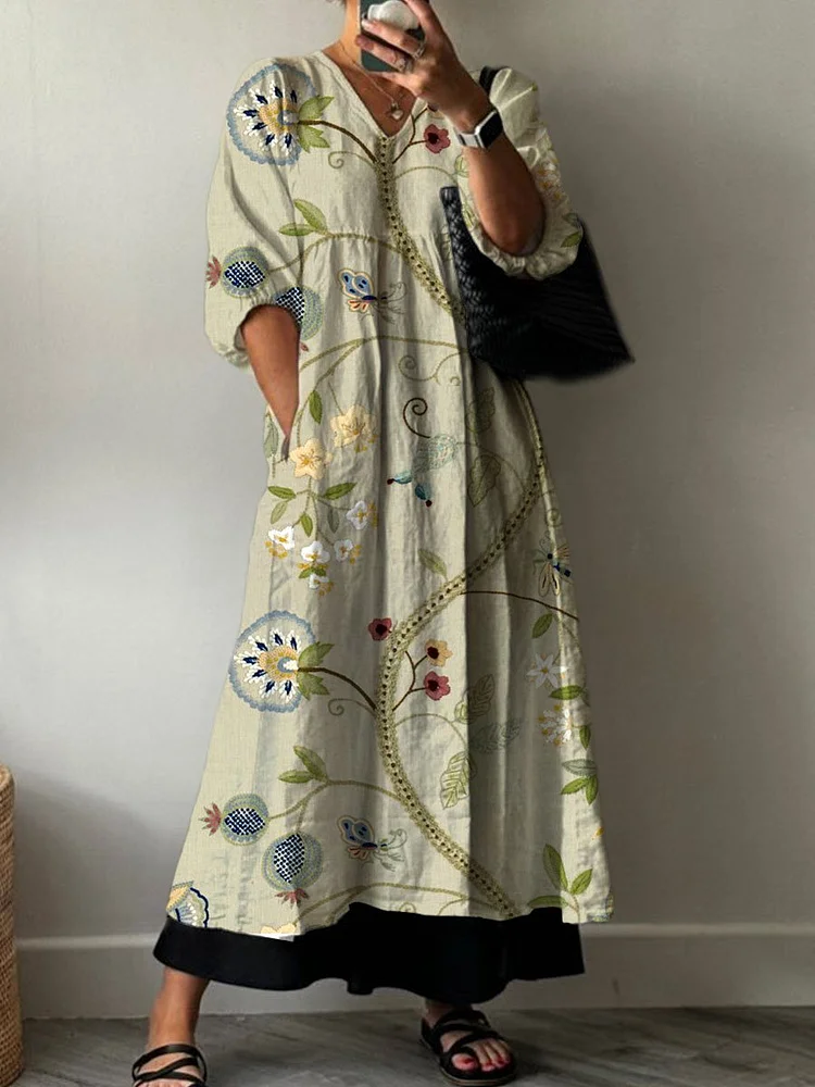 Women's  Embroidery Flower Print Pocket V-neck Cotton Dress