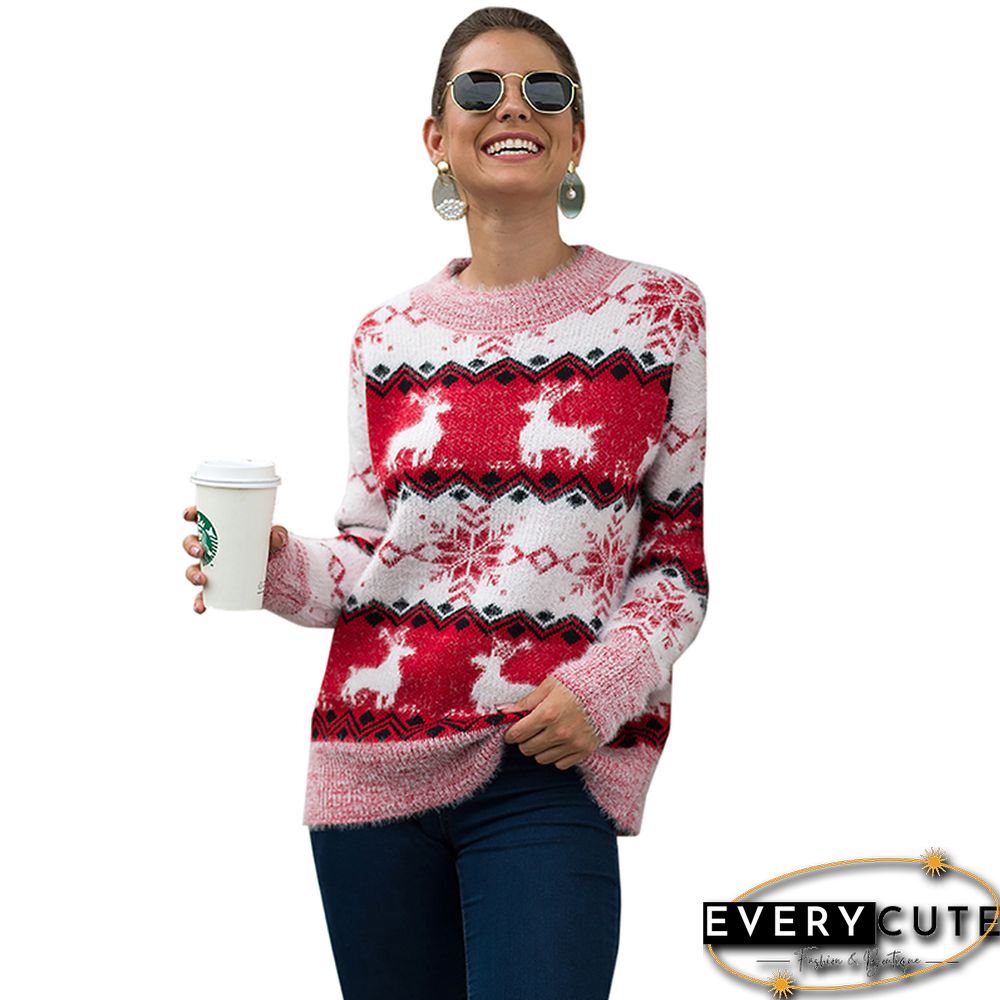 Red Snowflake with Reindeer Print Pullover Sweater