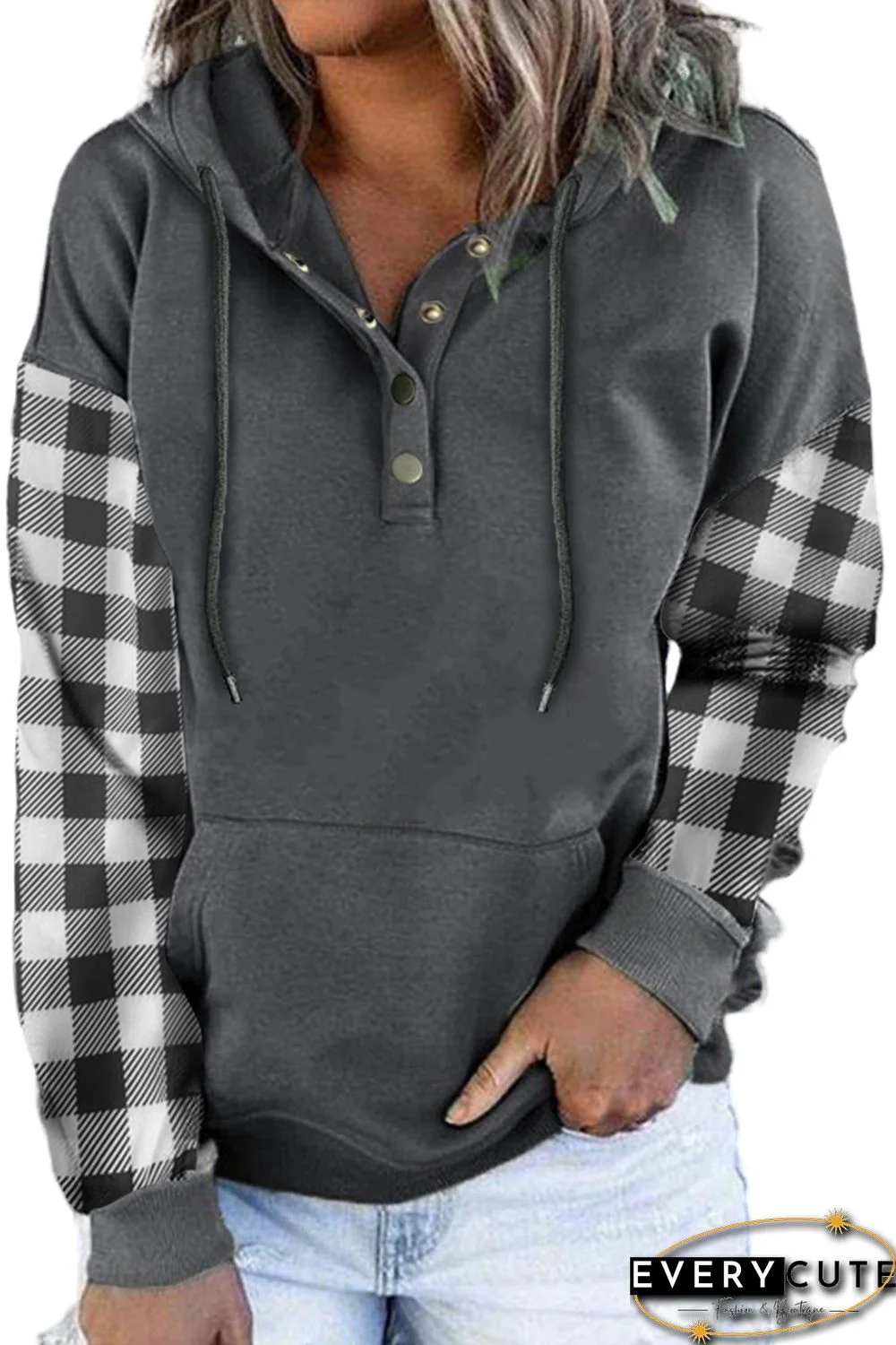 Gray Plaid Snap Button Pullover Hoodie with Pocket