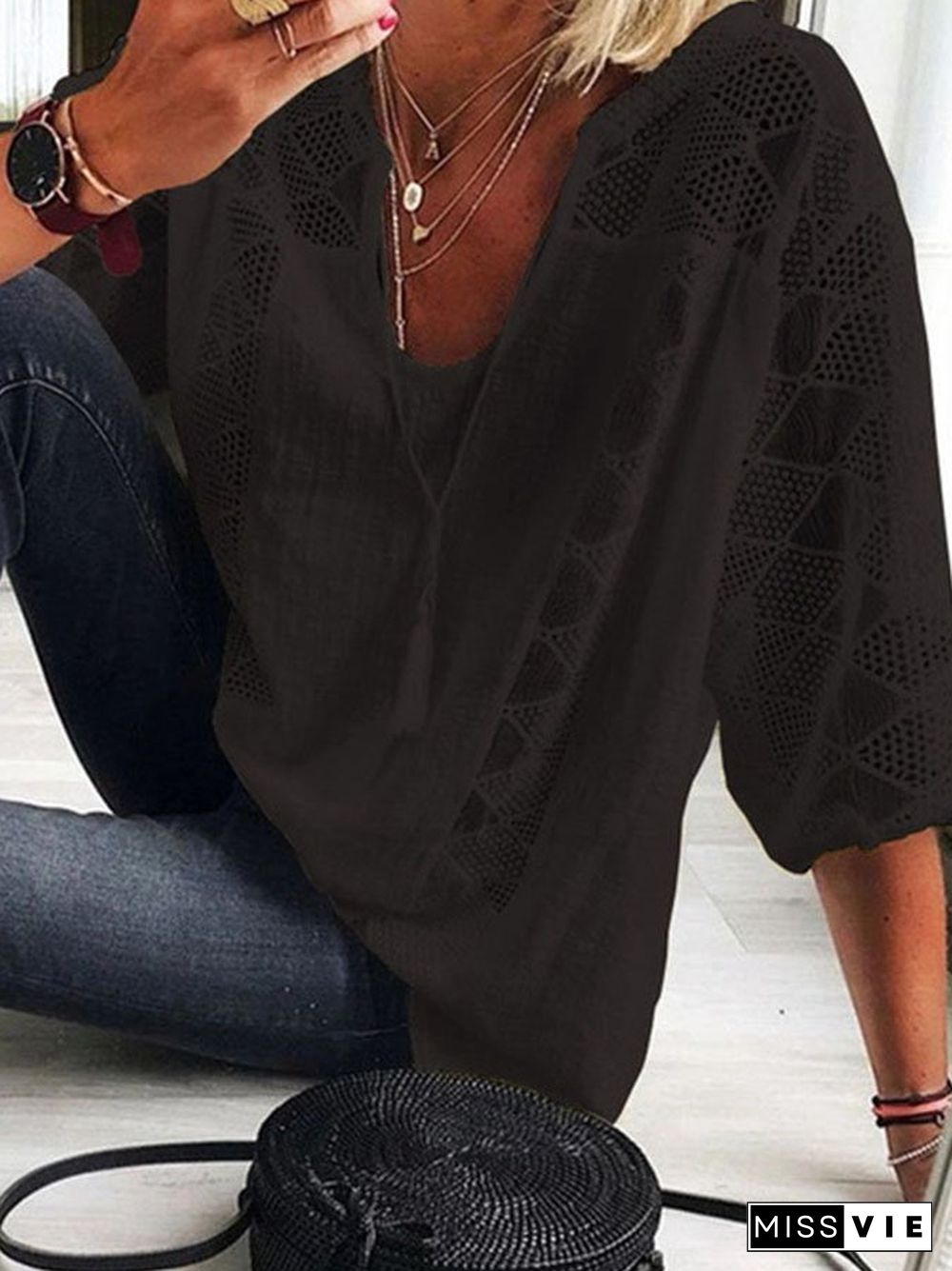 Loose Solid Color Pullover V-Neck Shirt
