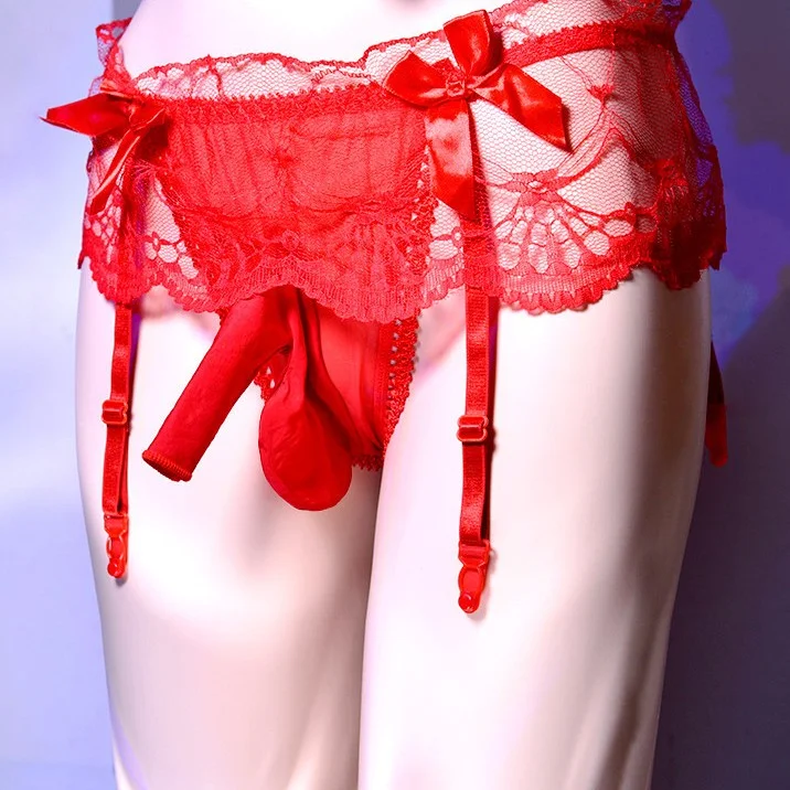 Men's Silk Stockings Suspenders One Piece Lace Underwear Faggot Low Waist Transparent - Rose Toy