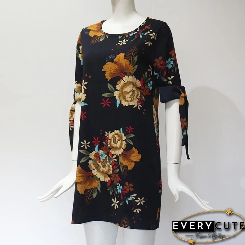 Women Chiffon Floral Print Mini Dress Boho Beach Half Sleeve Elegant Dress Black Dresses