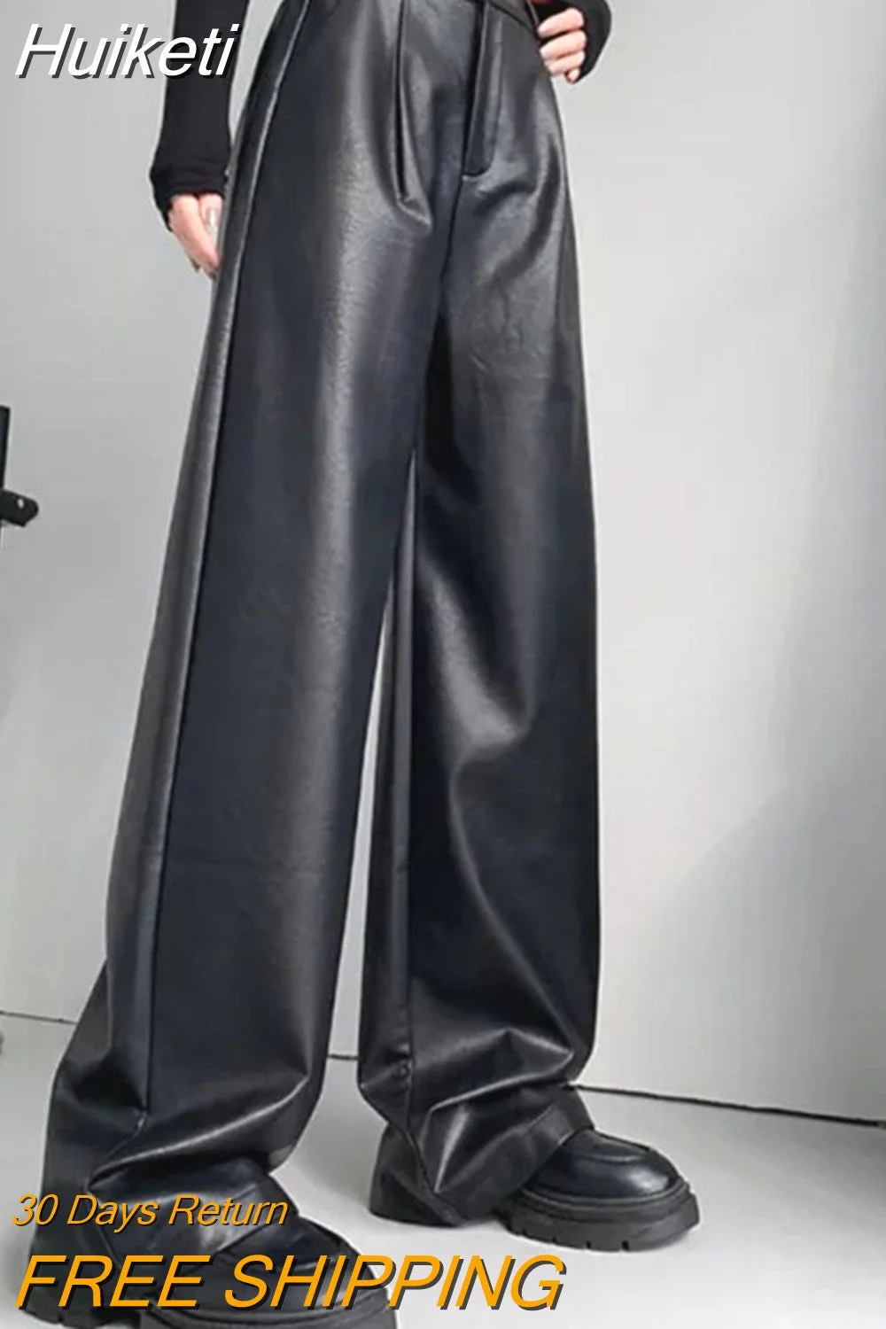 Huiketi PU Leather Pants Women Black Fashion Hight Waist Straight Faux Leater Trousers Chic Autumn Winter Loose Streetwear Pants