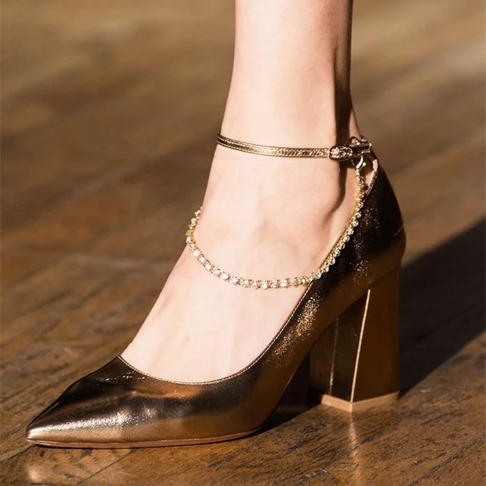 Gold Rhinestone Chunky Heel Pointed Toe Ankle Strap Pumps Vdcoo