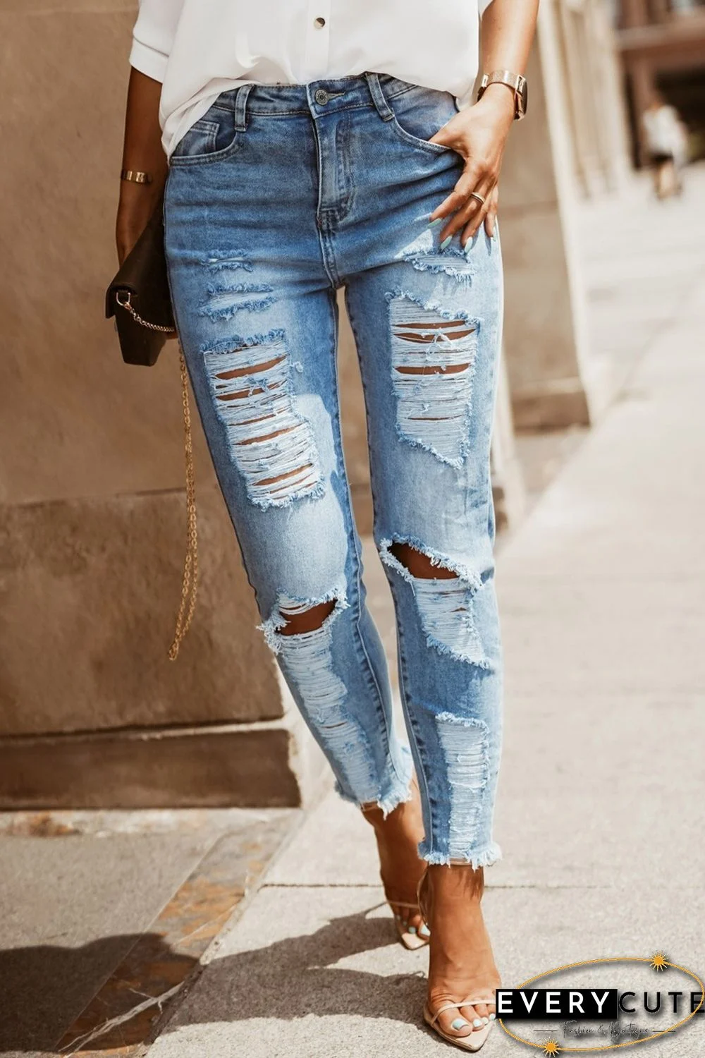 Sky Blue Distressed Straight Leg High Waist Jeans