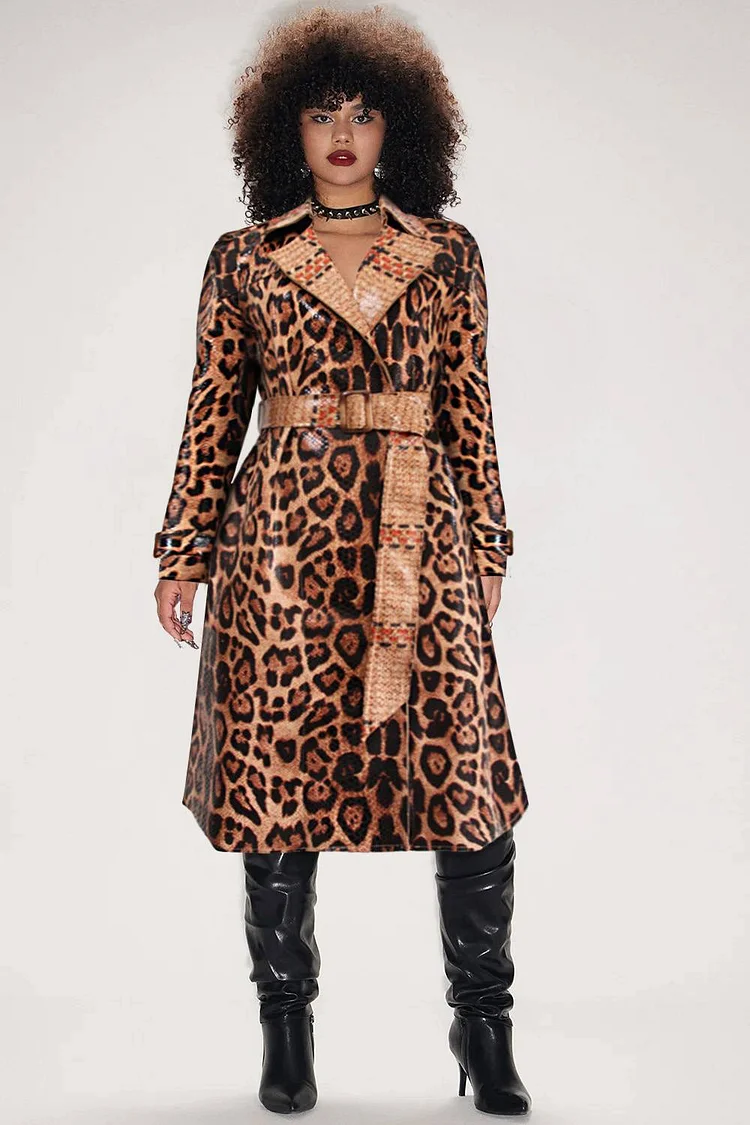 Xpluswear Design Plus Size Daily Trench Coat Khaki Leopard Print Lapel Long Sleeve Trench Coat