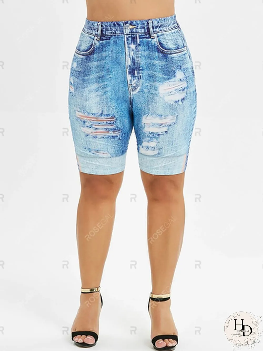 Plus Size Mini Leggings Faux Denim Pants Women Ladies Fashion Shorts Ripped Skinny Jean