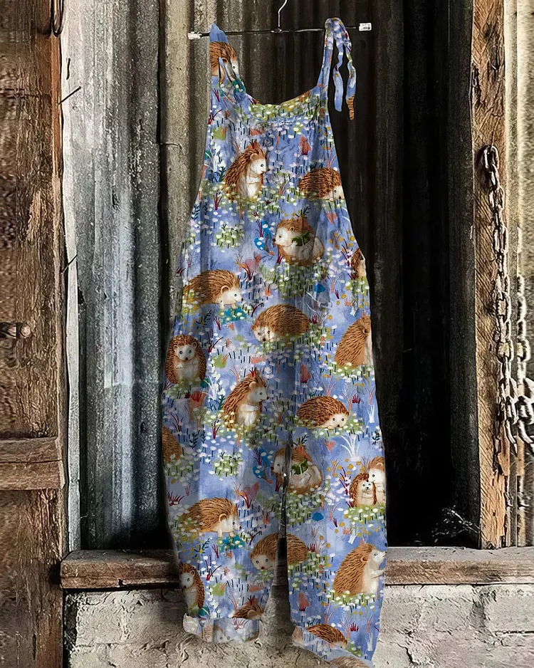 Vintage Hedgehog Village Pattern Casual Jumpsuit