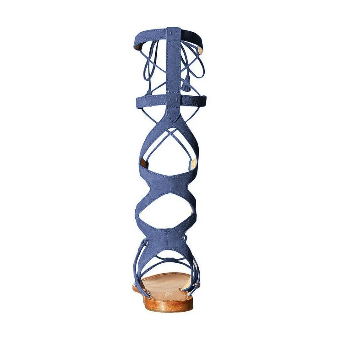 Lace Up Gladiator Knee High Flat Blue Cute Sandals with Tassel
