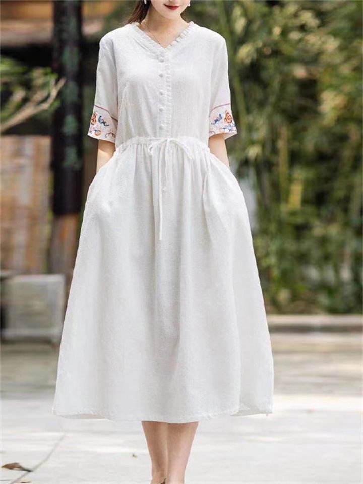 Embroidered V-neck Cotton Linen Dress Loose Lace Up Long Skirt | EGEMISS