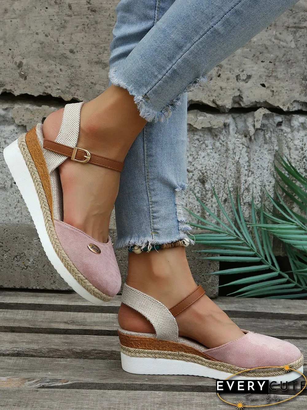 Women Color Block Summer Vacation Braided Non-Slip Block Heel Espadrille Sandals Adjustable Buckle EVA Wedges&Flatform