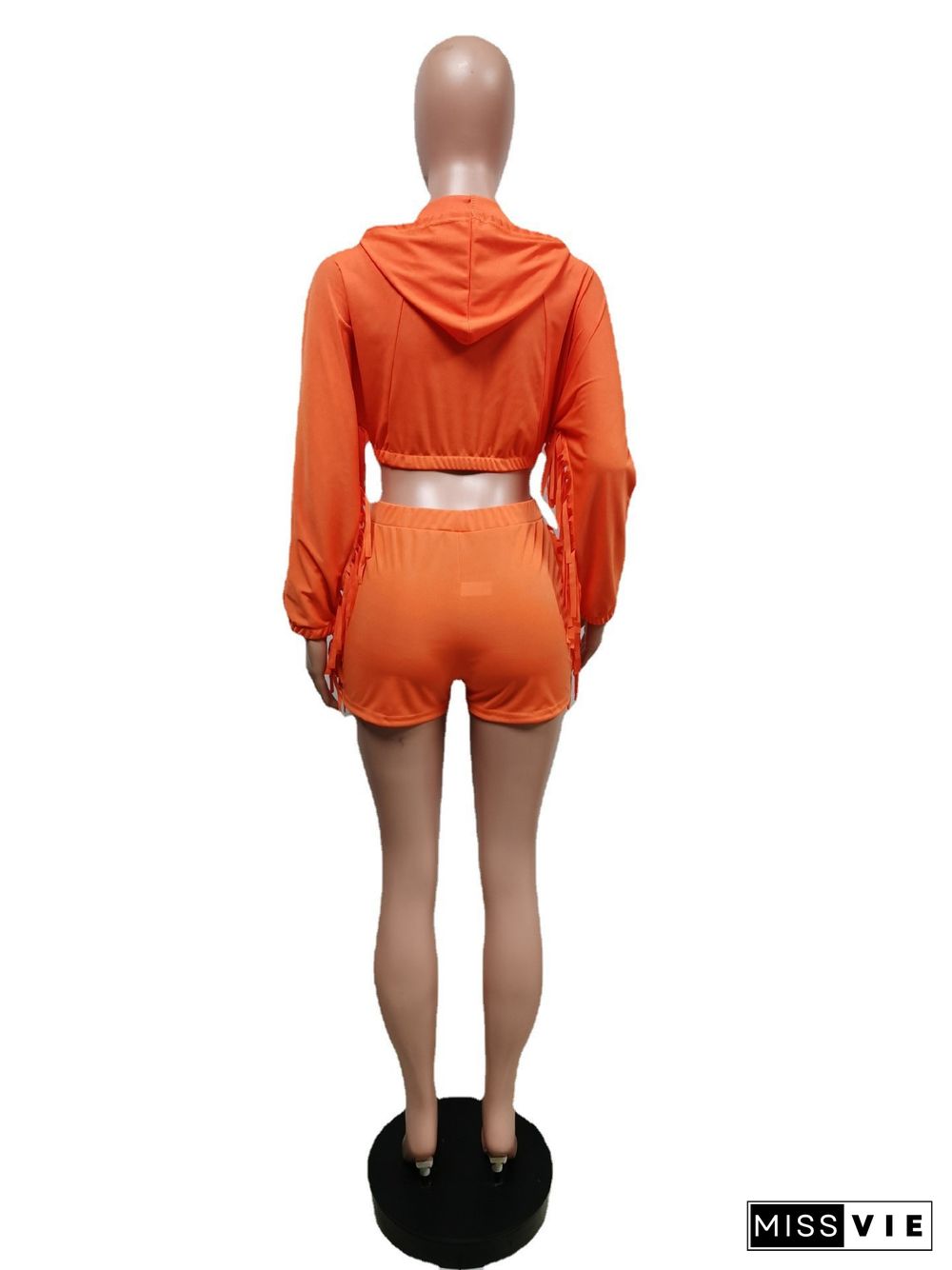 Tassel Hooded Crop Top+Bike Shorts Sets