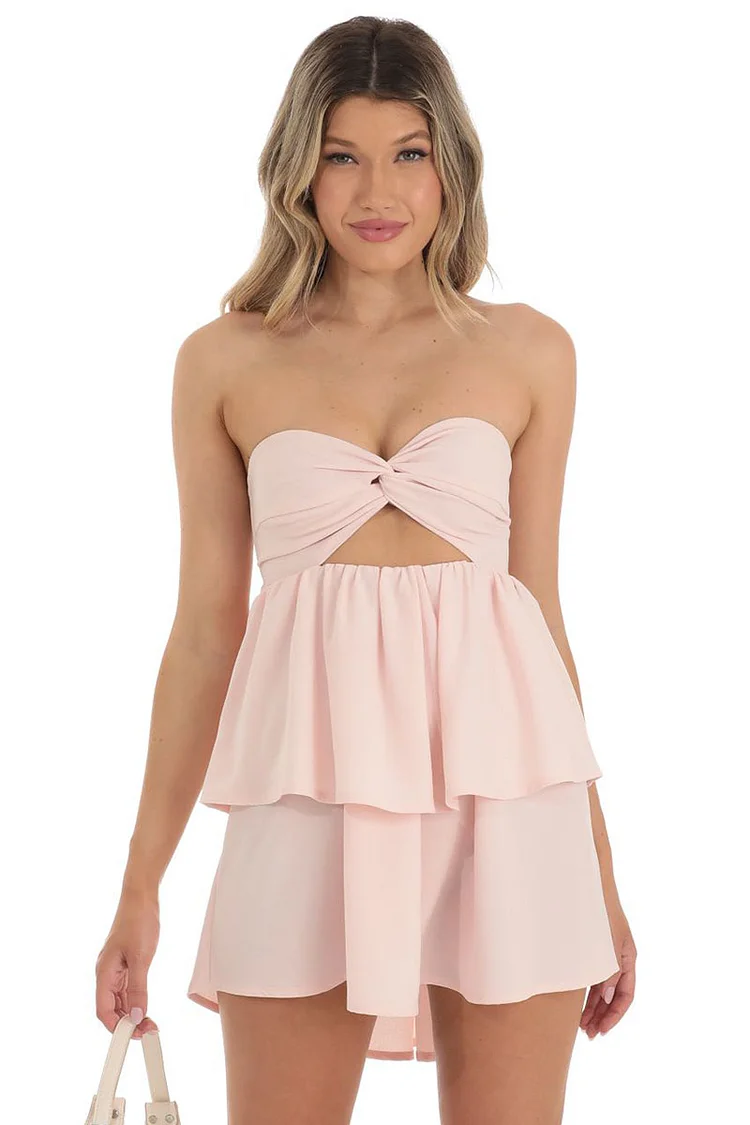 Twisted Irregular Neck Cutout Knotted Tiered Pleated White Mini Dresses [Pre Order]
