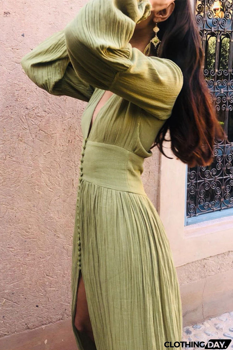 Sexy Solid Buckle Fold V Neck Pencil Skirt Dresses