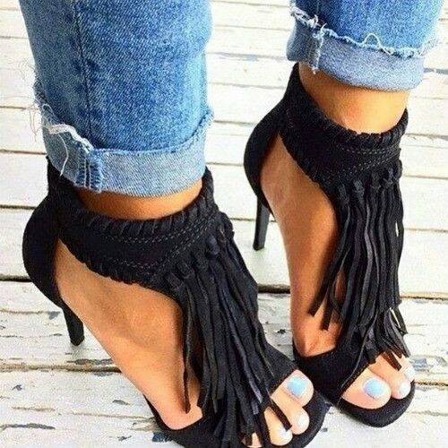 Women's boho tassels peet toe high heel sandals with back zipper
