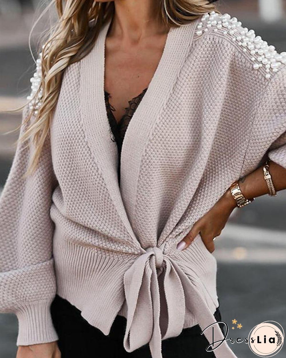 Wide-sleeved Knitted Cardigan With Tie